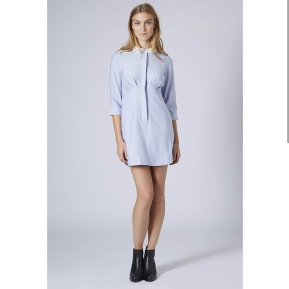 Topshop Fitted Chambray Baby Blue Shirt Dress with White Collar and Pockets - Picture 2 of 4